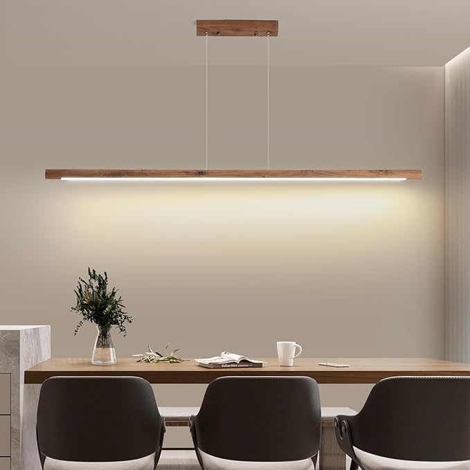 Modern Wooden Pendant Light, 47IN Walnut Wooden Chandelier with Remote Control 3000k-6500K Adjustable Color Temperature,Aluminum Island Lighting Lamp for Dining Room, Living Room, Kitchen