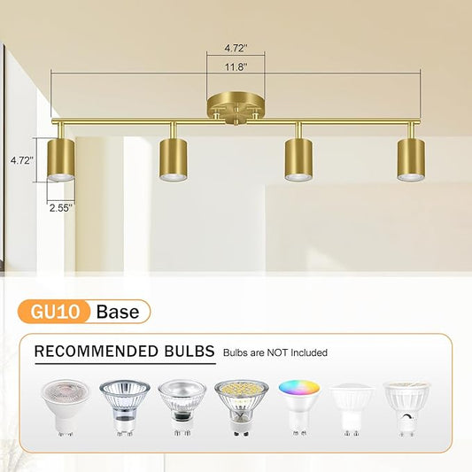 BoostArea Gold LED 4 Light Track Lighting Kit, 4 Way Ceiling Spot Lighting, Flexibly Rotatable Light Head for Kitchen, Living Room, Bedroom, Bulb Not Included