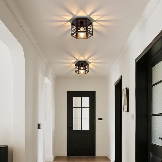 XSDeTu 2 Pack Flush Mount Ceiling Light, 1-Light Black Light Fixtures Ceiling Mount, Small Flush Mount Lamp with Hexagonal Metal Cage, Farmhouse Chandeliers for Hallway Kitchen Sink Entryway Foyer