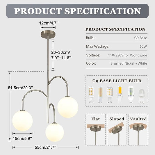 Modern 3 Light Brushed Nickel Chandelier Milk Glass Pendant Lights Kitchen Island White Globe Chandelier Light Fixture Silver Chandeliers for Dining Room