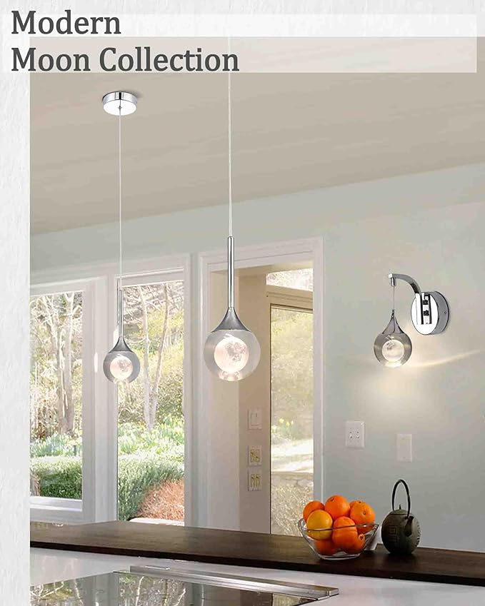 Modern Crystal Moon Pendant Light, Chrome Dimmable Natural White (3000K) LED Hanging Light Fixture for Kitchen Island, Dining Room, Bar, Bedroom