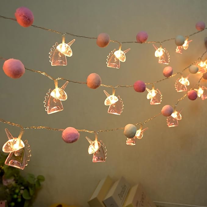 9.85FT Room Decor String Lights with 20 Cute PomPoms 20 Pink Unicorn LED Lights Battery Operated with Timer for Girls Bedroom Birthday Party Kids Playhouse Wedding Valentine's Day Christmas Decoration