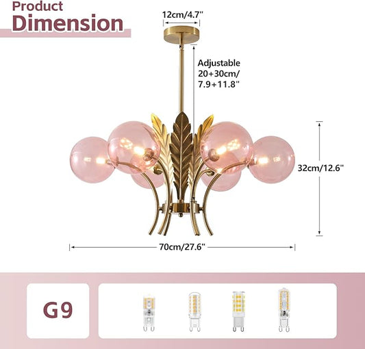 BOKT Modern Sputnik Chandeliers 6-Lights Island Pendant Lighting Fixture Mid Century Ball Chandelier with Pink Globe Lampshade Gold Sphere Ceiling Light for Dining Room Living Room Girls Room