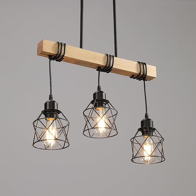 3 Light Farmhouse Kitchen Island Lighting,Dining Room Light Fixture,Adjustable Height Pendant,Real Wood and Black Metal Cage Chandelier for Kitchen,Dining Room