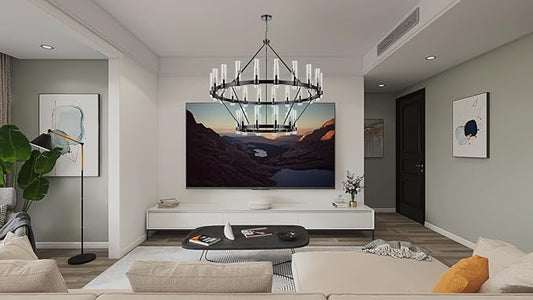 60 Inch Black Wagon Wheel Chandelier 2 Tier with Glass Shade, 30 Lights, Modern Farmhouse Style, Ideal for Dining Room, Kitchen, Entryways