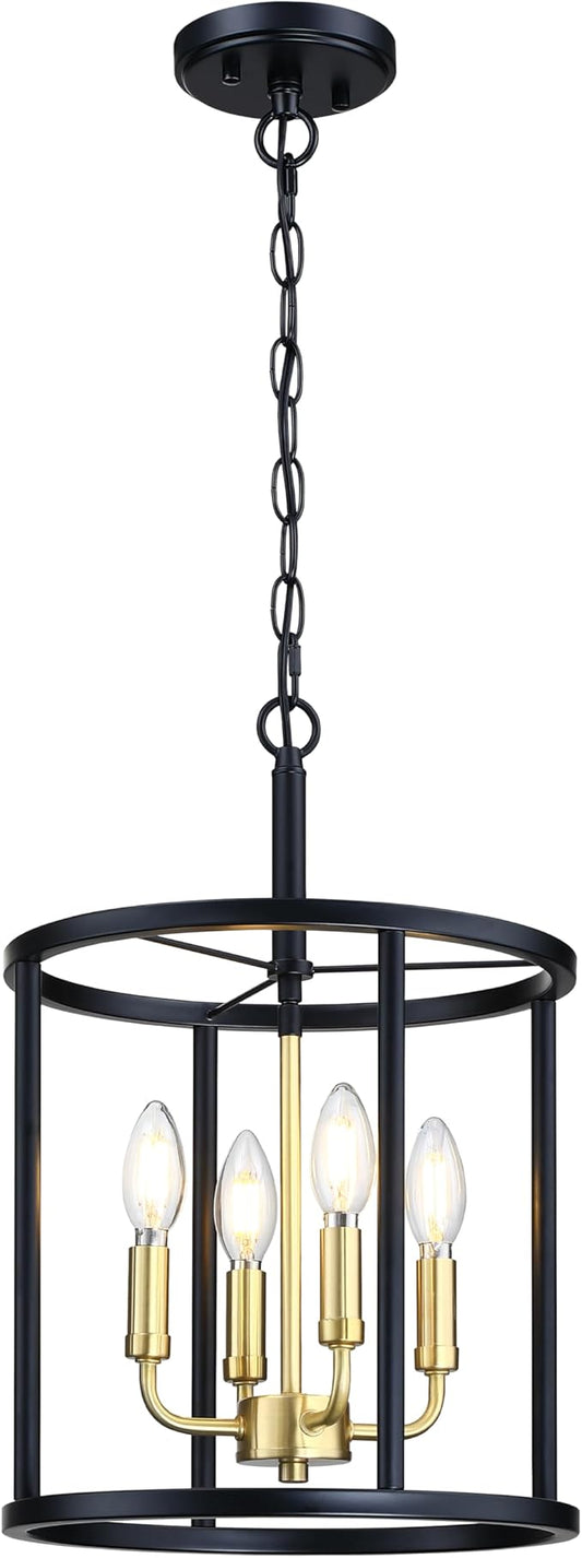 4 Light Hanging Geometric Lantern Pendant Light Fixture Black Gold Finish Chandelier Adjustable Chain Metal Cage Pendant Lighting for Kitchen Island Dining Room Foyer