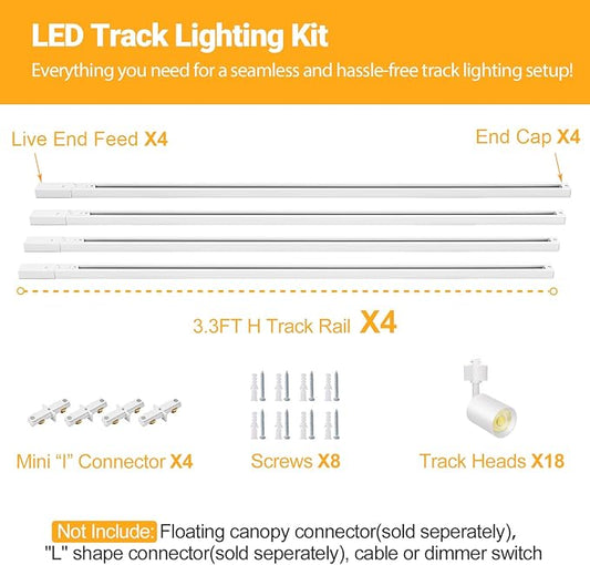 VANoopee 18-Light LED Track Lighting Kit, H Type Rail, Dimmable, 13FT, Modern Kitchen Ceiling Spot Light, 3000K 24° CRI90+, 10W 800lm, White