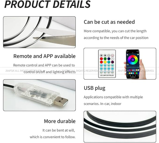Ambient Lighting Car Led Lights Interior,43.3’’ USB Powered Acrylic Neon Flexible Strip Fiber Optic LED Ambient Lighting Kits with Remote APP, RGB Music Lights Sync for Inside car Dashboard