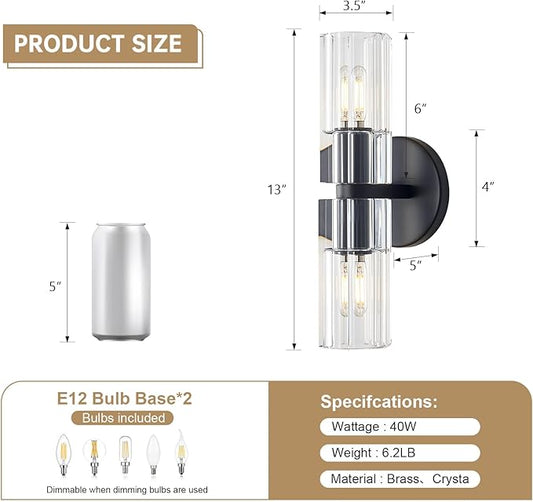 Crystal Wall Sconces Set of Two, 13" Modern Brass Sconces Lighting with K9 Crystal Lampshade,Indoor Wall Sconce Bedroom Wall Light Fixtures for Living Room Bathroom Hallway Stairs Entryway