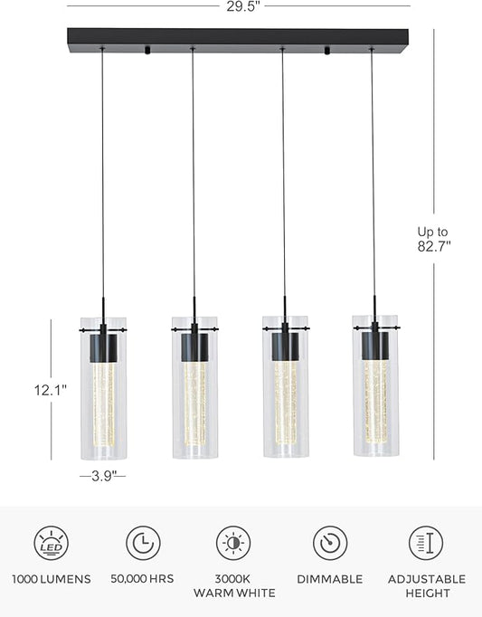 Tawson Alice 4-Light Chandelier Pendant Ceiling Light, Integrated Led and Bubble Glass, for Kitchen Island, Hallway, Entryway, Passway, Dining Room, Bedroom, Balcony Living Room (Black)