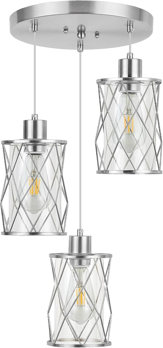 Refice 3-Light Pendant Lights Kitchen Island, Brushed Nickel Kitchen Cluster Hanging Pendant Lights with Clear Glass, Modern Cage Chandelier Light Fixture for Sink Dining Room Bedroom Bar