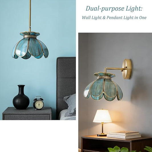 Vintage Brass Ceiling Pendant Light with Stained Lotus Flower Stained Glass Shade,Oriental Hanging Lamp or Wall Sconces Dual-Purpose, for Kitchen Island Dining Room Bedroom Living Room-7.9" Shade