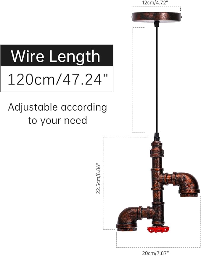 Kawell Vintage Pendant Light Fixtures Industrial Retro Ceiling Chandelier Creative Water Pipe Hanging Light Fixtures Art Deco Iron E26 60W Max for Bedroom Cafe Bar Restaurant Kitchen, Rust Color