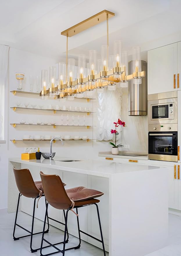 Modern Gold Linear Chandelier, 50'' Rectangular 16-Light Lighting Fixture with Glass Shades, Adjustable Hanging Height, Over Dining Table for Dining Room, Kitchen Island