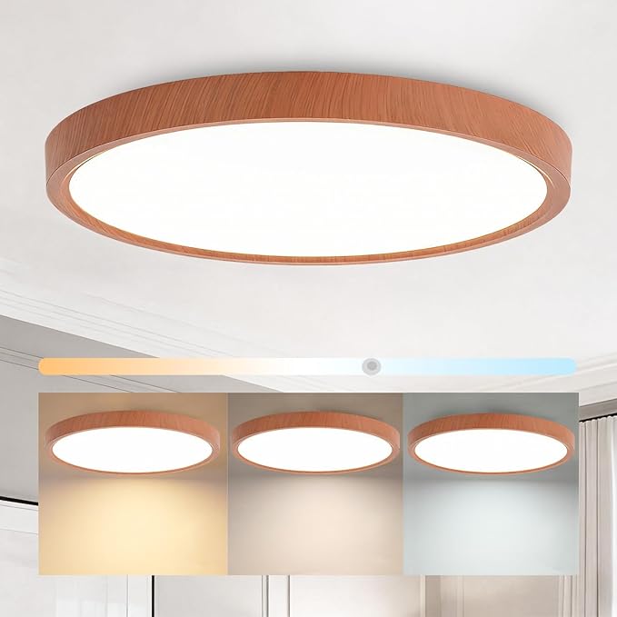 12 Inch LED Wood Grain Flush Mount Ceiling Light Fixture, Modern 22W Round Flat Overhead 3000K-4000K-6000K Selectable Ceiling lamp for Bedroom, Living Room, Kitchen, Entryway