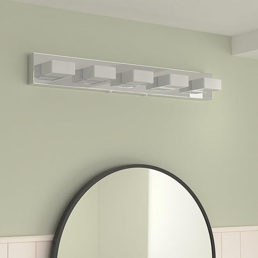 Ralbay Dimmable Chrome Bathroom Light Fixtures 5 Lights Modern LED Vanity Light Fixtures Acrylic Stainless Steel Chrome Bathroom Vanity Wall Lighting Over Mirror