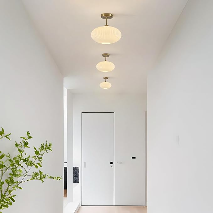 Ribbed Milk Glass Flush Mount Ceiling Light Mid Century Modern Entry Light Fixture White Semi Flush Mount Lights Gold Globe Hallway Ceiling Light (2 Pack)