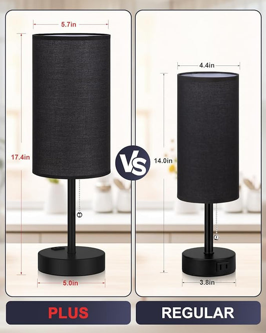 Fenmzee Large Black Bedside Lamps Set of 2-3 Color Temperatures Pull Chain Lamp with AC Outlet Charging Port, Two Round Night Stand Lamps for Bedroom Guest Room Office, Bed Side Light