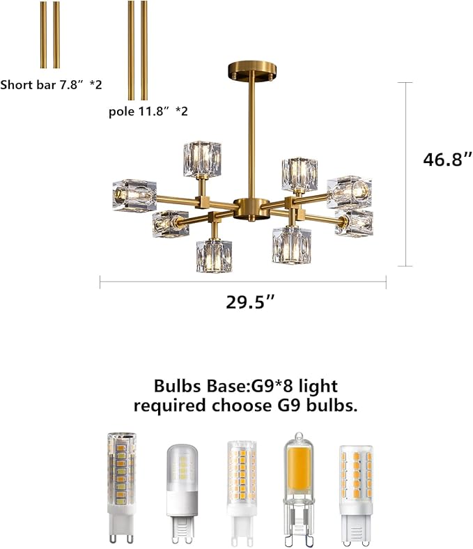 Sputnik Chandeliers for Dining Room Light Fixture, Modern Crystal Chandelier, 8-Lights Gold Semi Flush Mount Ceiling Light for Living Room Bedroom, Dining Room,Kitchen Island