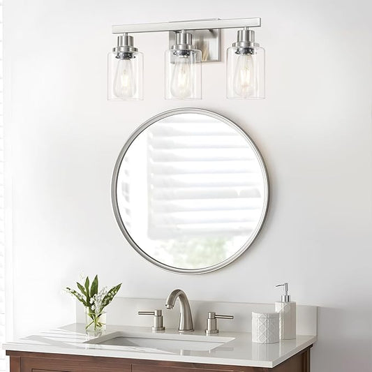 3-Light Bathroom Light Fixtures, Nickel Bathroom Vanity Light with Clear Glass Shade, Modern Bathroom Wall Lights Over Mirror, Farmhouse Wall Sconces Lighting for Bedroom Living Room