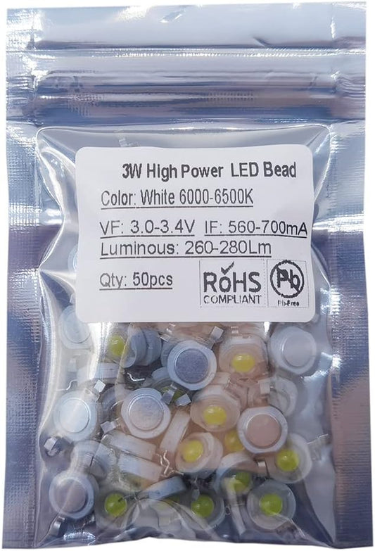 50 pcs High Power Led Chip 3W (6000K-6500K / 560mA-700mA / DC 3V-3.4V / 3 Watt) Super Bright Intensity SMD COB Light Emitter Components Diode 3 W Bulb Lamp Beads DIY Lighting, White (6000K)