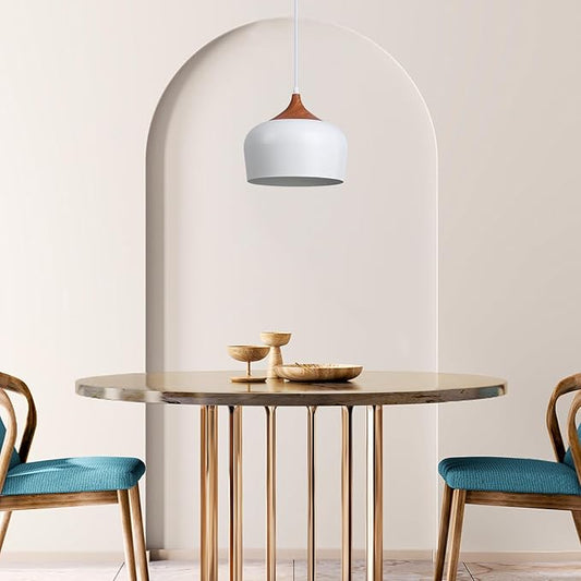 Modern Pendant Light Fxtures Kitchen, Hanging Light Fixtures Ceiling Mount, Wood Metal Shade Pendant Lamp for Dining Room, Bedroom, Living Room, Bathroom, Entryway, Small Chandelier, White