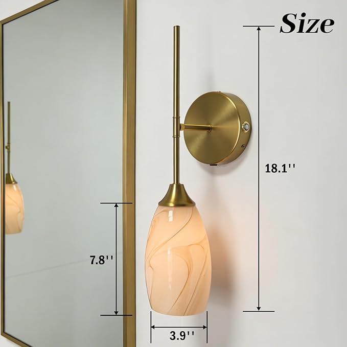 Alabaster Battery Operated Wall Sconces Set of 2, Gold Rechargeable Wireless Wall Sconces with Hand-Blown Glass, Remote Control, Magnetic Mount,Dimmable 3 colors for Bedroom Living Room Hallway