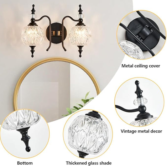 Vintage Crystal Bathroom Wall Sconces Black 2-Light Antique Vanity Light Fixtures Retro Wall Sconce Light with Crystal Glass Shade for Bathroom Bedroom Dinning Room