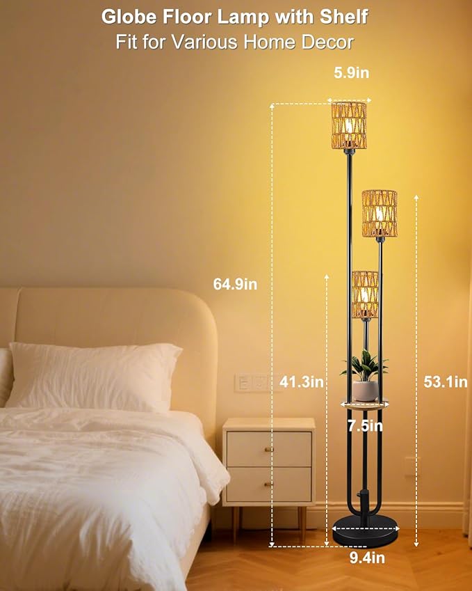 63IN Dimmable Floor Lamp with Shelf, Black Rattan Tall Standing Lamps Candle Holder Style, 3000K Warmwhite Mid Century Modern Floor Lamp with 5Lbs Heavy Base for Living Room (Bulbs Included)