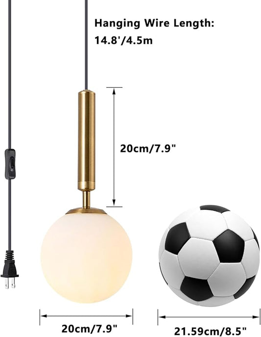KCO Modern Gold Globe Pendant Lamp Plug in Mid Century White Frosted Glass Adjustable Ceiling Lamp Industrial Brass Gold Round Ball On/Off Chandelier for Farmhouse Kitchen Island Bedroom