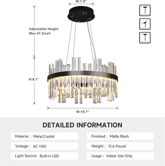 Black Led Modern Crystal Chandelier: 19.7" Round Contemporary 3 Color Dimmable Dining Room Light Fixture over Table - Adjustable Lighting Chandeliers for Bedroom Living Kitchen Island Entryway Foyer