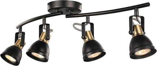4 Light Track Lighting Kit, Matt Black Brass Finish 4 Way Adjustable with Moden Flush Mount Ceiling Spotlight for Kitchen,Dining,Living Room,Home Improvement
