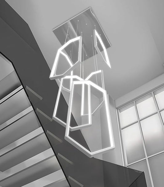 6 Rings Modern Chandelier LED Dimmable Long Large High Ceiling Chandelier Adjust Flush Mount Ceiling Light for Foyer Lobby Living Room Staircaes Sliver