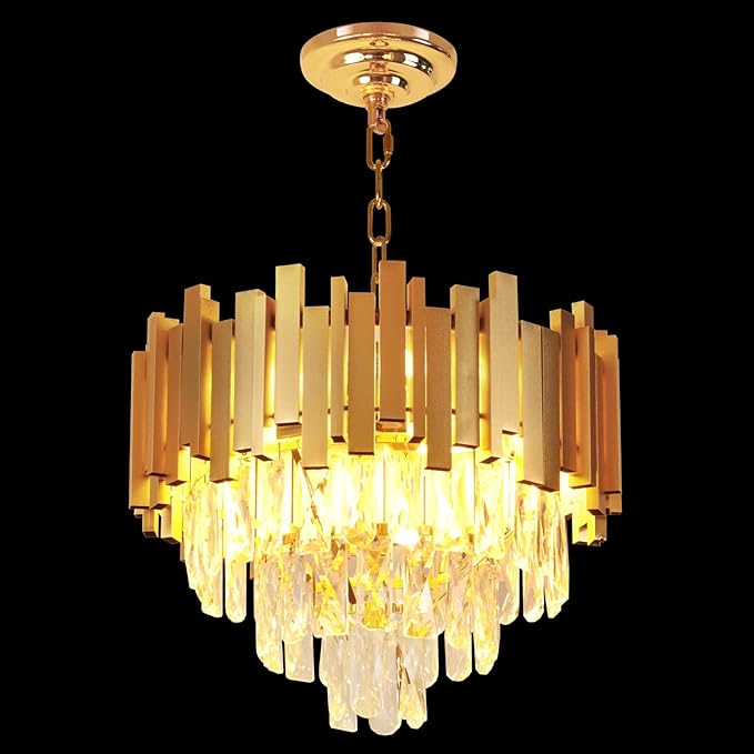 Depuley Modern Gold Crystal Chandelier: 5-Light 3-Tier Flush Mount Chandelier 12 Inch Luxury Round Hanging Pendant Light Fixture for Porch Bedroom Dining Room Foyer Included Bulbs