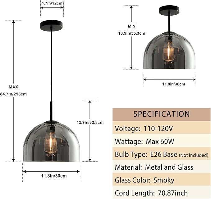Modern Dome Pendant Lighting Fixtures, 11.8 Inch Large Dome Boho Chandelier, Rustic Farmhouse Industrial Hanging Lamp Ceiling Lights with Grey Glass Bell Lampshade for Kitchen Island