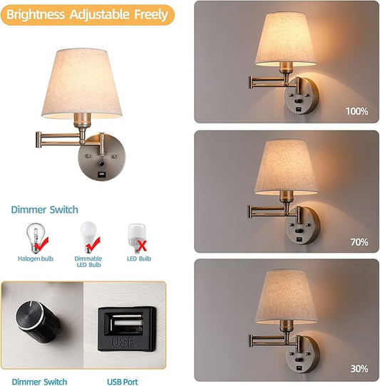 Swing Arm Wall Lamp Wall Mount Lamp with Cord Plug in Wall Sconce Lighting with Dimmable On Off Switch Wall Light with USB Port Plug in Wall Lamp for Bedroom Reading Satin Nickel Finish