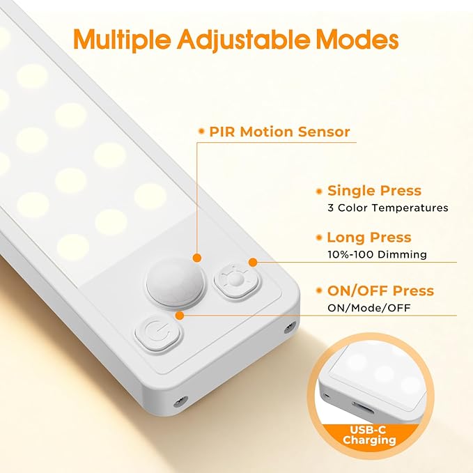 Under Cabinet Rechargeable Dimmable Lighting: 3 Color Temperature Motion Sensor Lights Indoor - Battery Operated Lights - Activated Closet Magnetic Wireless Led Light for Kitchen Home Bathroom 4 Pack