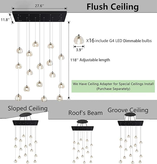 HAIXIANG W27.6 x D11.8 x H118 Rectangular Glam Chandelier Bubble Crystal Ceiling Pendant Lights Dimmable High Ceiling Chandeliers Fixtures Adjustable Long Lights Black