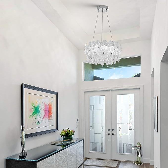 Elegant LED Crystal Chandelier 20'' Chrome Contemporary Flower Flush Mount Dimmable Chandelier Light Fixture with Remote Control for Living Dining Room Entryway Kitchen Bedroom(3000K-6500K)