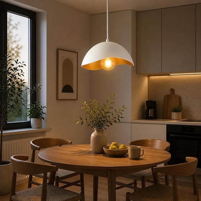 Modern White LED Pendant Light (LED Bulb Included), Soft Ambient Hanging Lamp, Minimalist Ceiling Fixture for Kitchen Island, Dining Room, Scandinavian Style Lighting (2 Pack)