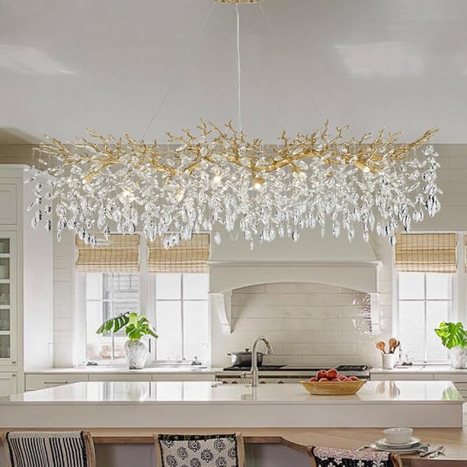 Modern Gold Crystal Chandeliers Chandeliers - L63 inch Rectangular Golden Tree Branches Ceiling Pendant Light Fixtures, Luxury K9 Raindrop for Dining Room