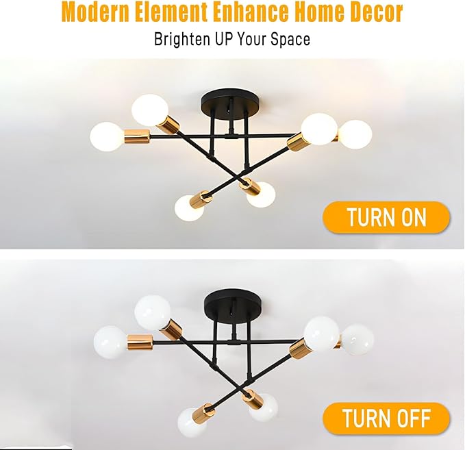 SPOLI Sputnik Ceiling Light Fixture, Dining Room Chandelier, Modern 6-Light Black and Gold Industrial Pendant Semi Flush Mount for Kitchen Living Bedroom, E26 Base, Bulbs Not Included