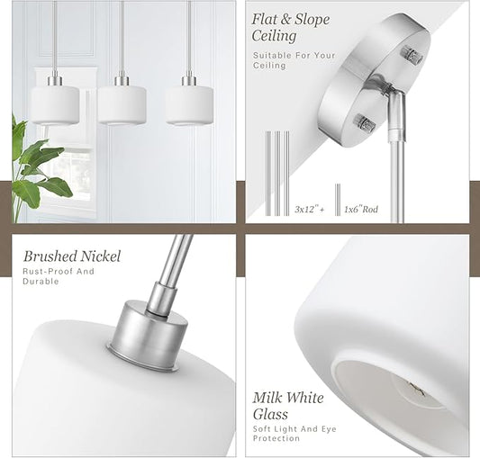 Milk Glass Pendant Lights Kitchen Island 2 Pack, Modern Brushed Nickel Hanging Light Fixtures with Rods, Mini Kitchen Pendant Lighting Over Island for Sink Bathroom, OS-YQ8153-2PBN