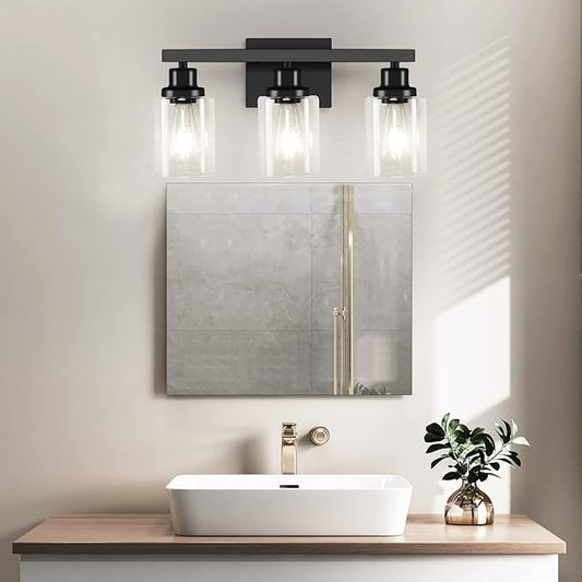 3-Light Bathroom Light Fixtures, Black Bathroom Vanity Light with Clear Glass Shade, Modern Bathroom Wall Lights Over Mirror, Farmhouse Wall Sconces Lighting for Bedroom LivingRoom