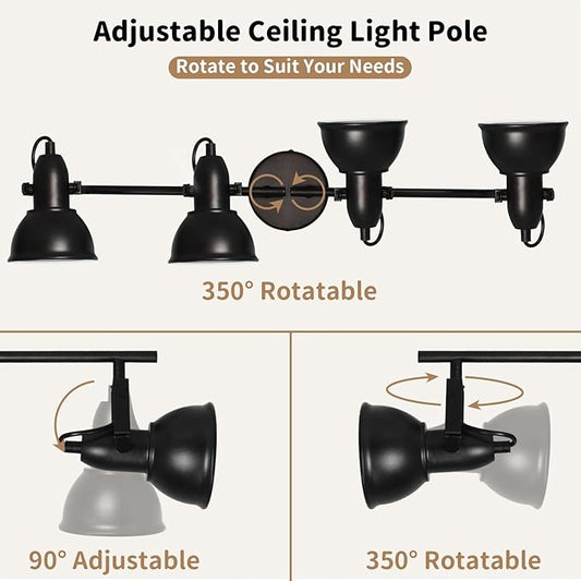LTBLIGHT 4-Light Track Lighting Fixtures Ceiling, Black Industrial Directional Spotlight with E26 Base, Ceiling Track Lights for Kitchen Bedroom Living Room (Bulbs Not Included)