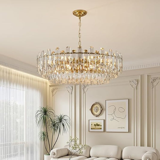 31.5" Gold Crystal Chandeliers Fully Transparent Crystal Modern3-Tier Luxury Pendant Light 12-Light Ceiling Pendant Lighting for Dinning Room Living Room Foyer