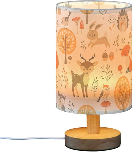 Bedside Table Lamp Woodland Animals Nightstand Lamp with Wood Fox Owl Deer Buuny Trees Leaves Desk Lamps for Bedroom Living Room Nursery Office Home Decor