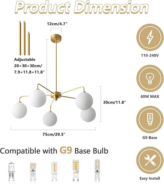 5 Light Modern Brass Chandelier Mid Century Gold Ceiling Light Fixture White Glass Globe Sputnik Chandelier for Dining Room Bedroom Kitchen