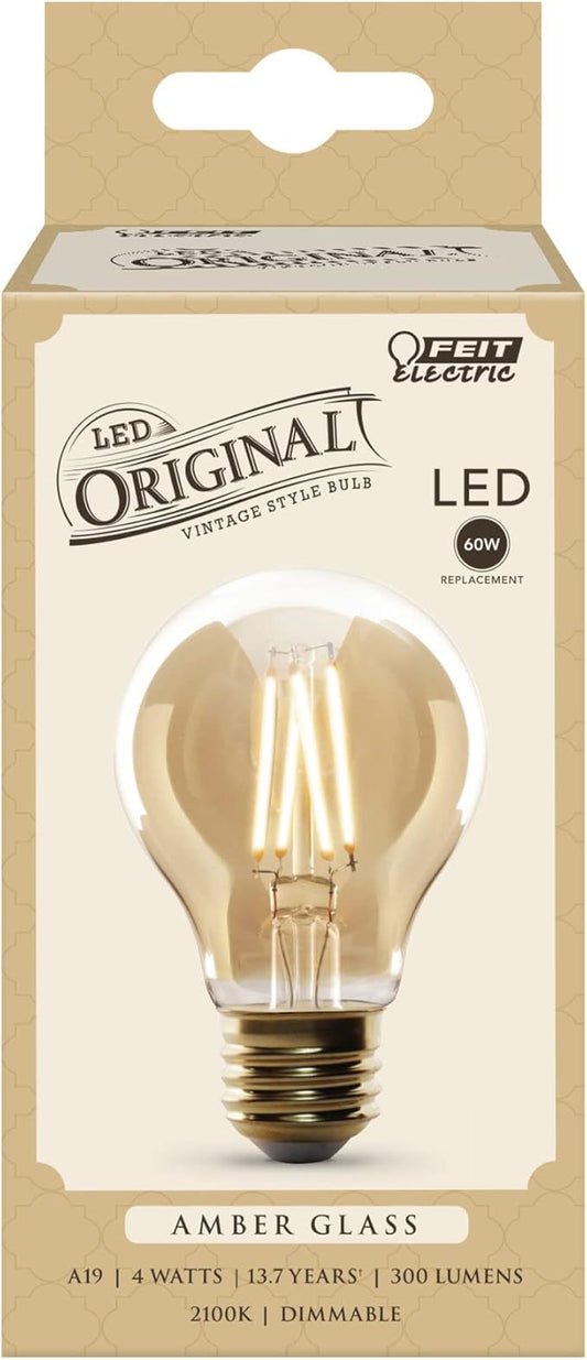 Feit Electric Vintage Exposed Filament Smoke Glass LED AT19 with a Medium E26 Base Light Bulb - 60W Equivalent - 10 Year Life - 300 Lumen - 5000K Daylight - Dimmable | Original Vintage