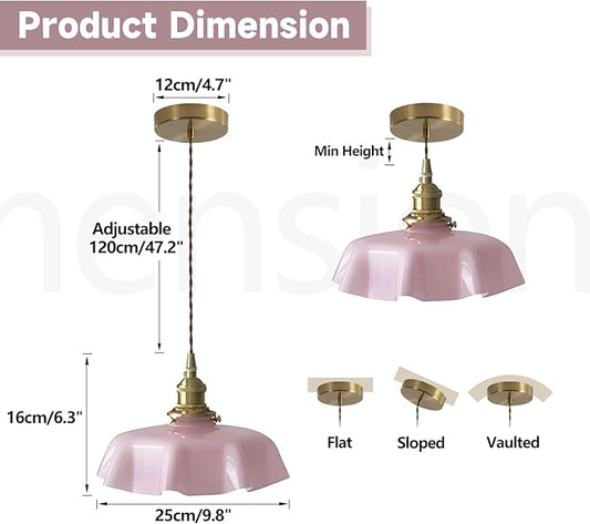 Brass Glass Pendant Lights,Mid Century Pendant Island Light,Vintage Hanging Lights for Dining Room Kitchen Bedroom Outdoor,Color Pink
